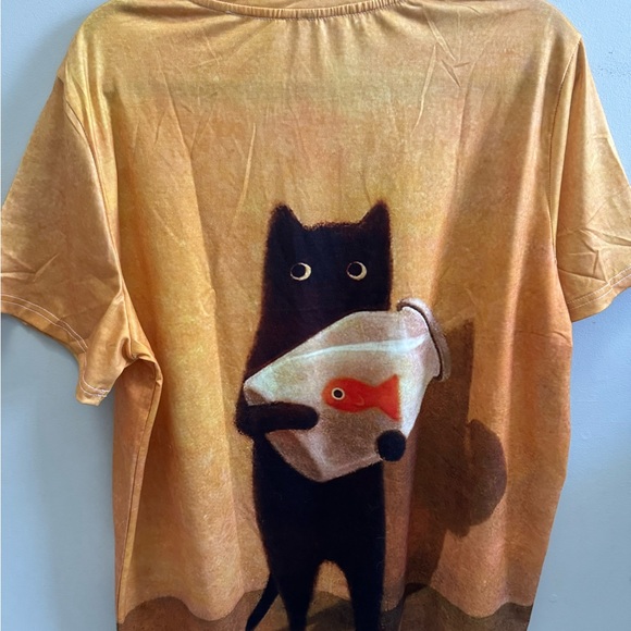 Black Cat Holding Goldfish Bowl Short Sleeve Knit T Shirt. Size 2X. - Picture 3 of 4